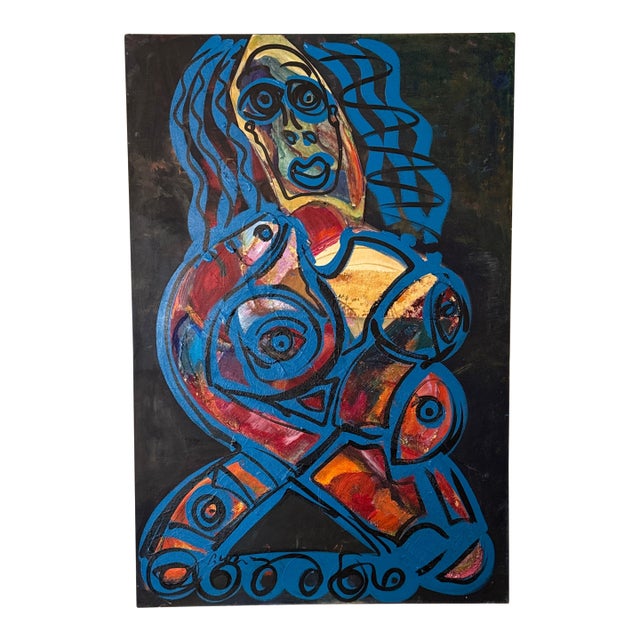 1960s Peter Keil Original Blue Abstract Portrait Mix Media Painting For Sale