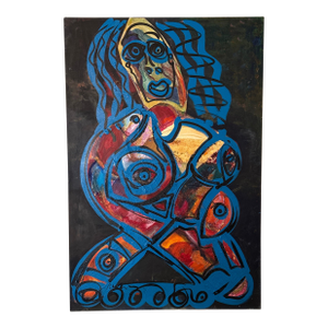 1960s Peter Keil Original Blue Abstract Portrait Mix Media Painting