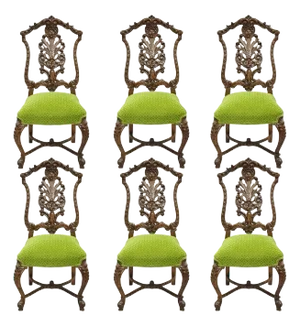 Early 20th Century Antique French Rococo Revival Carved Walnut Dining Side Chairs - Set of 6