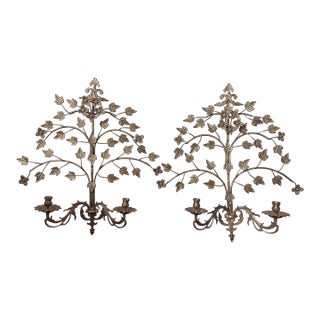 Pair of Hollywood Regency Style Brass and Metal Wall Sconce, Candlestick Holder, Vine Leaves Design, Candelabra For Sale
