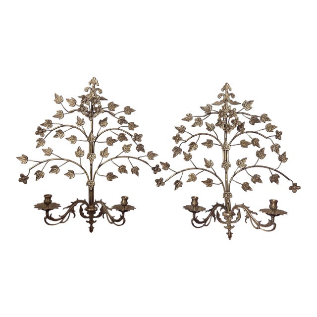 Pair of Hollywood Regency Style Brass and Metal Wall Sconce, Candlestick Holder, Vine Leaves Design, Candelabra For Sale