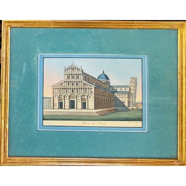 Italian !9th Century Antique Italian Engravings in Gilt Wood Frames and Pretty Blue Mats For Sale - Image 3 of 14