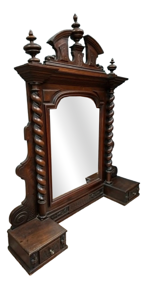 Large Henri II Style Buffet Mirror or Psyche in Carved Walnut, Late 19th Century