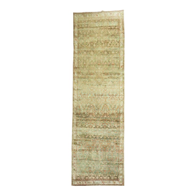 Rare Wide Long Green Antique Persian Malayer Runner For Sale