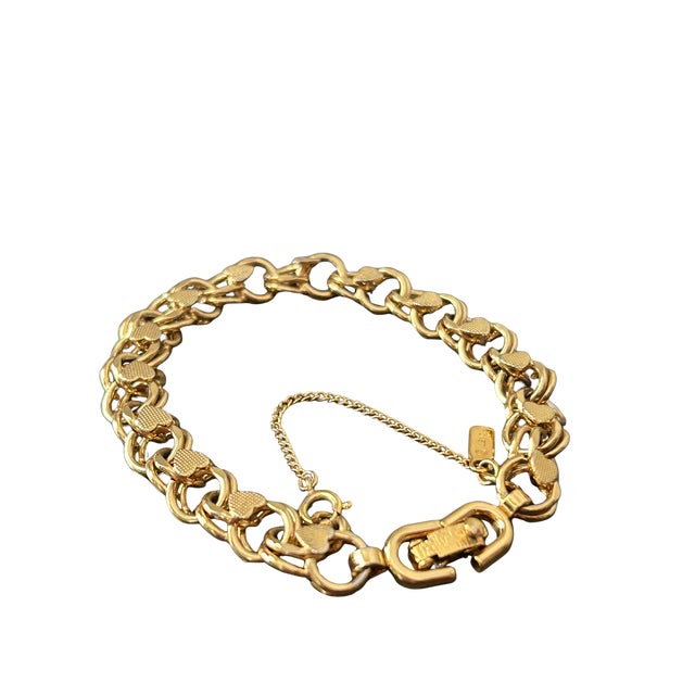 Mid 20th Century Vintage Monet Signed Gold-Tone Textured Heart Link Charm Bracelet | Mid-Century Designer Costume Jewelry For Sale - Image 5 of 8