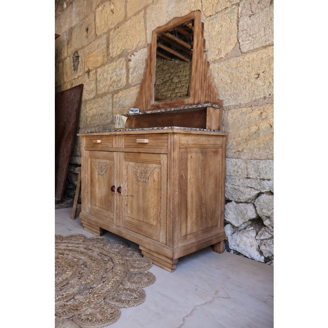 Art Deco Oak Sideboard with Beveled Mirror and Purple Marble Top, 1920s For Sale - Image 9 of 10