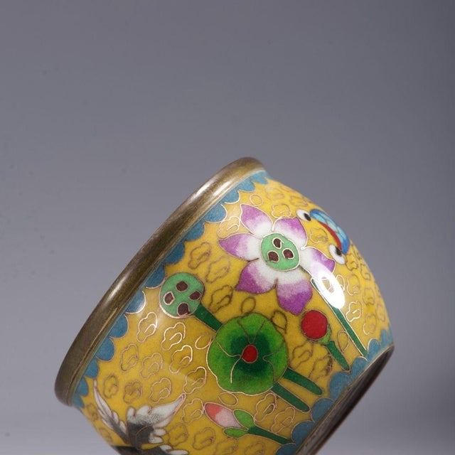 Yellow Vintage Cloisonné Enamel Bowl With Lotus and Duck Motif For Sale - Image 8 of 9