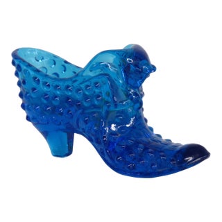 Fenton Blue Hobnail Cat Head Victorian Glass Slipper Shoe Figurine 4686b For Sale