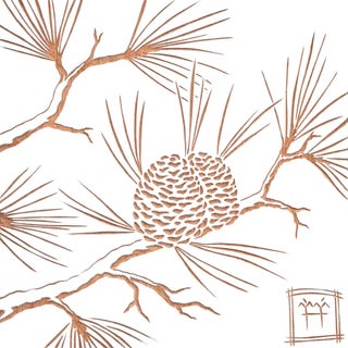 Winter Study #4 by M'fanwy Dean | Hand Carved Cherrywood Panel of a Pine Cone on a Branch For Sale