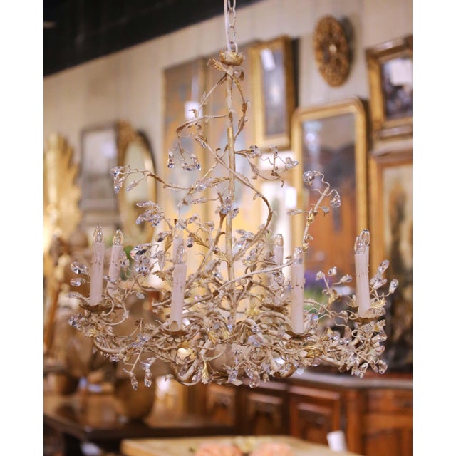 Cream Pair of French Louis XV Painted Tole and Crystal Eight-Light Chandeliers For Sale - Image 8 of 13