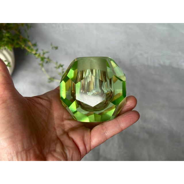 Vintage Faceted Green Glass Candlestick Holder or Paperweight For Sale In New York - Image 6 of 11
