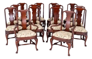 Queen Anne Dining Chairs in Mahogany, 1920s, Set of 14
