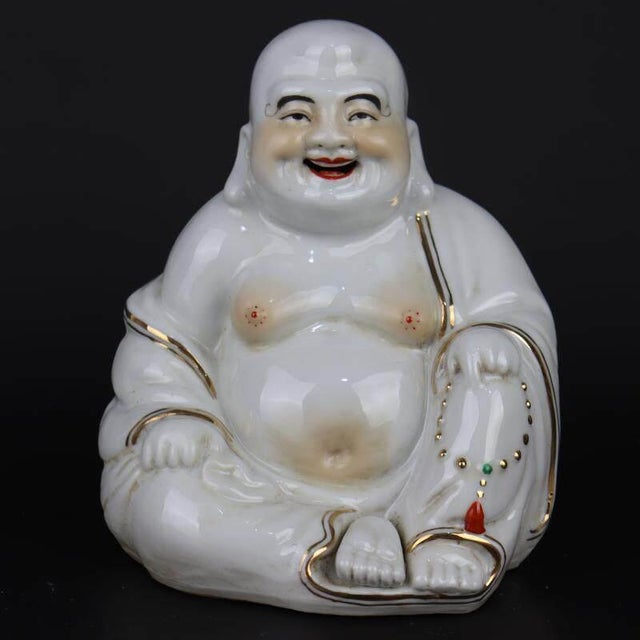 W-15cm,H-16.8cm This Hand Carved White Glaze Porcelain Statue of Maitreya Buddha is a vintage original piece from China....