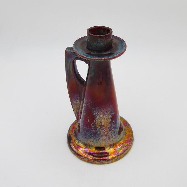 Red Antique Red Metallic Lustre Art Pottery Candle Holder With Gold and Blue Accents For Sale - Image 8 of 12