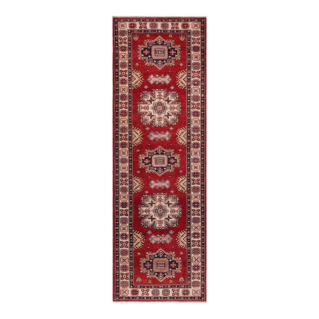 Boho Chic Super Kazak Owen Red/Beige Wool Runner Rug- 2'9'' X 9'8'' For Sale