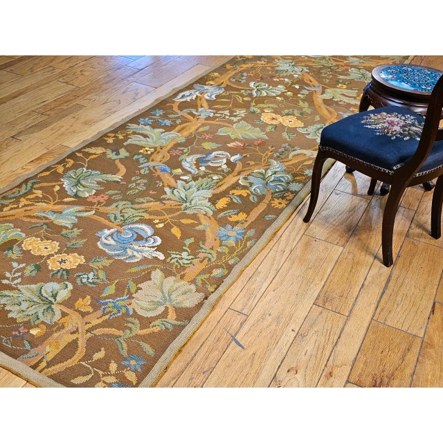 Vintage French Needlepoint Runner, Handwoven Wool, Tree of Life Pattern, Brown & Blue, 4’ X 15’ For Sale In Chicago - Image 6 of 17