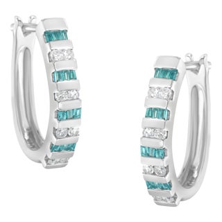 10k White Gold Round and Blue Baguette 1/2 cttw Diamond Hoop Earrings (I-J Color, I2-I3 Clarity) For Sale
