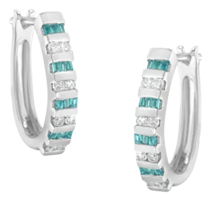 10k White Gold Round and Blue Baguette 1/2 cttw Diamond Hoop Earrings (I-J Color, I2-I3 Clarity)