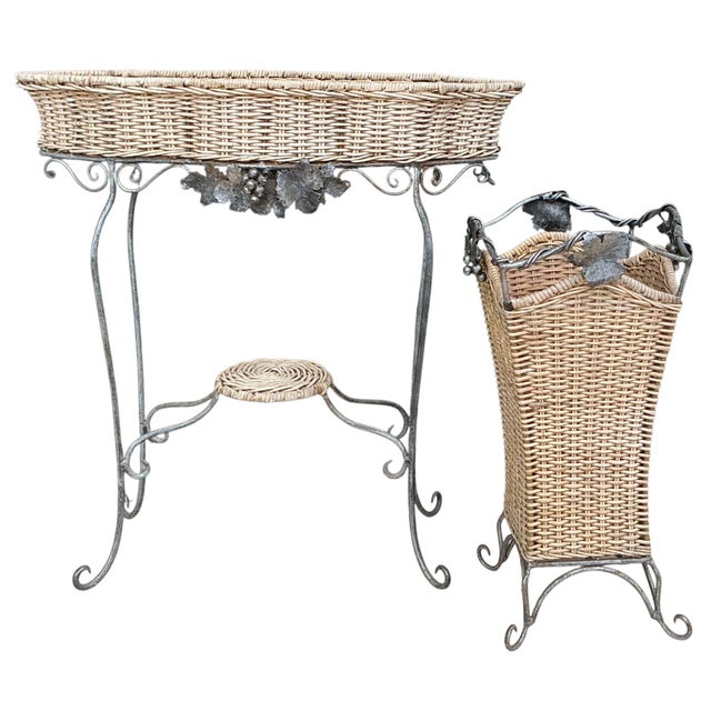 Art Nouveau Garden Iron and Wicker Plant Stand Console Table With Mirror & Umbrella Stand For Sale - Image 3 of 10