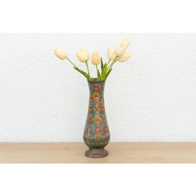 Brass Mid-Century Etched Brass & Enamel Vase For Sale - Image 8 of 8