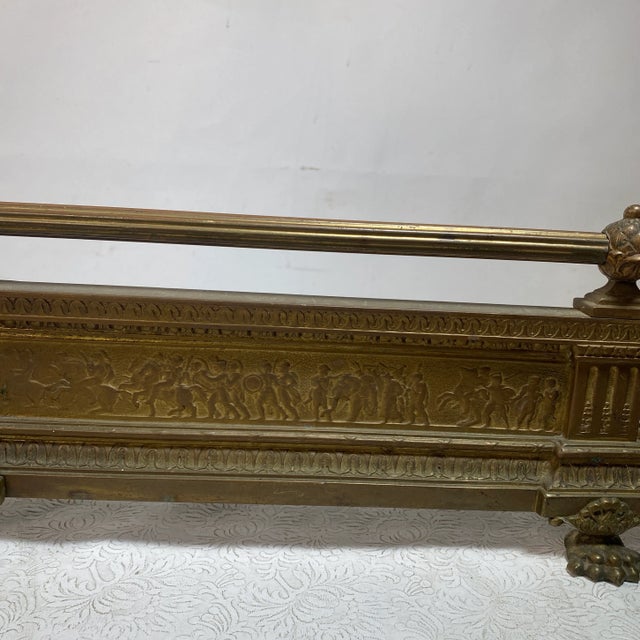 Metal Antique Grecian War Scened Floral Pierced Claw Foot Brass Fireplace Fender For Sale - Image 7 of 13