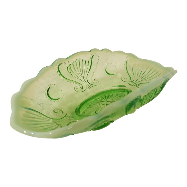 Jefferson Glass Green Opalescent Jewel And Fan Banana Boat For Sale