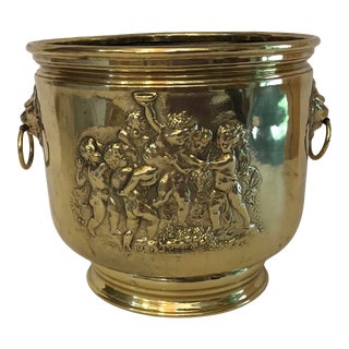Vintage Brass Embossed Planter With Cherubs For Sale