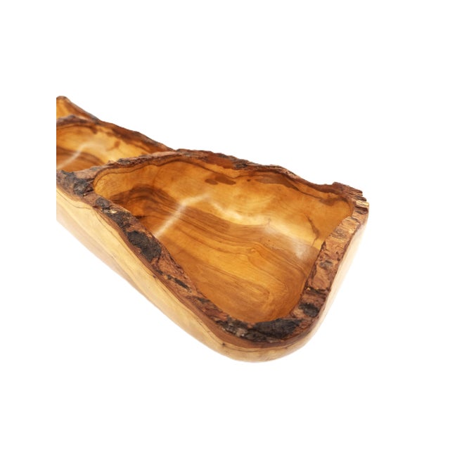Contemporary Hand-Carved Peruvian Olive Wood 3-Section Serving Bowl With Live Edge 18.75"l For Sale - Image 3 of 15