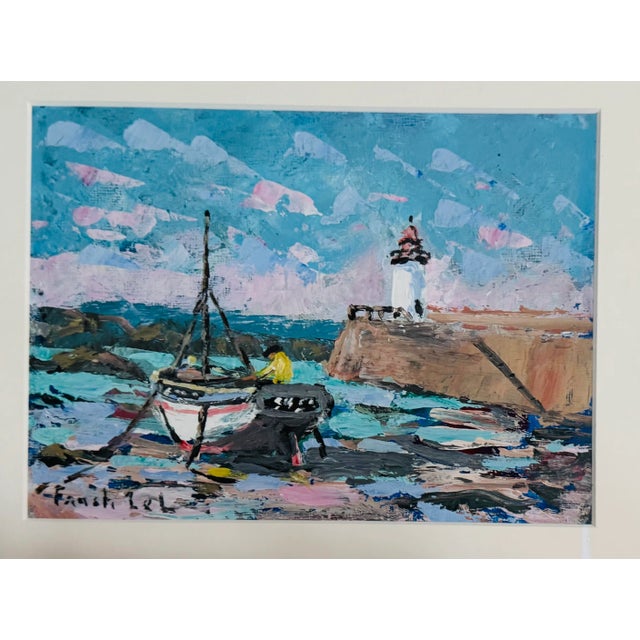 Vintage Fanch Lel Sail Boat on the French Coast Original Oil and Gouache Painting, Framed For Sale - Image 4 of 11