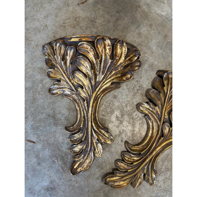 French Late Twentieth Century Carved Wood Regency Rococo Style Over Sized Gilt Laurel Leaf Wall Shelves Sconces, a Pair For Sale - Image 3 of 6