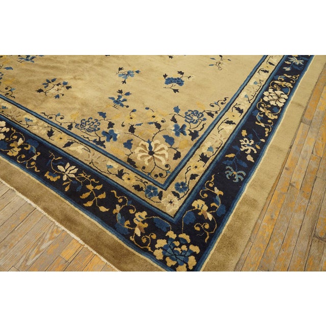 Early 20th Century 1920s Tan Camel Floral Medallion Antique Chinese Peking Rug 9' X 12' 5" Handknotted Wool Carpet For Sale - Image 5 of 6