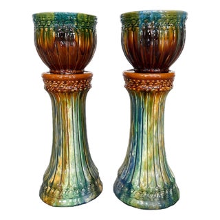 Vintage Majolica Ceramic Planters - A Pair For Sale