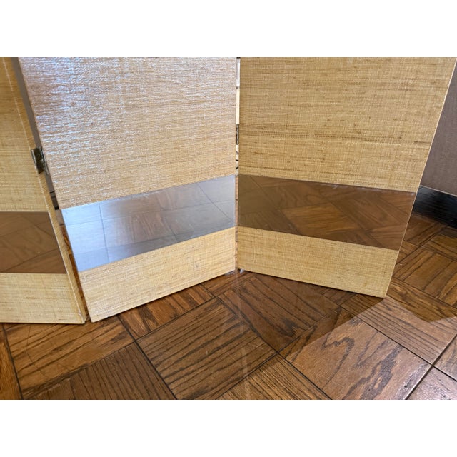 Wood Mid Century Grasscloth Three Panel Room Divider Screen For Sale - Image 7 of 8