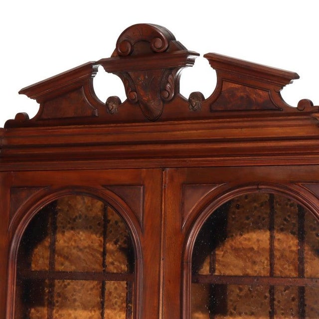 Antique Renaissance Revival Carved Walnut & Burl Barrel Roll Secretary Desk With Broken Arch Crest, Enclosed Upper...