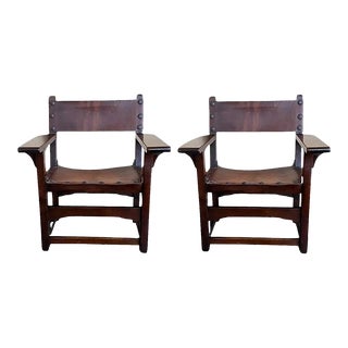 19th Century Spanish Pair of Colonial Carved Armchairs With Leather Seat & Back For Sale