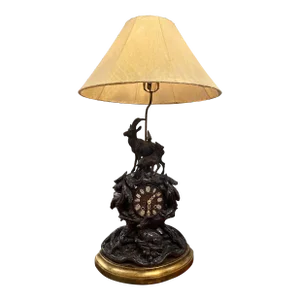 19th Century Black Forest Carved Clock Mounted Lamp With Cowhide Shade