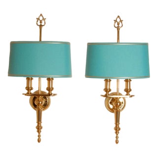 French Table Lamps Empire Bouillotte Empire 1980s Wall Sconces Regency Gold and Blue Tariff Free Delivery a Pair For Sale