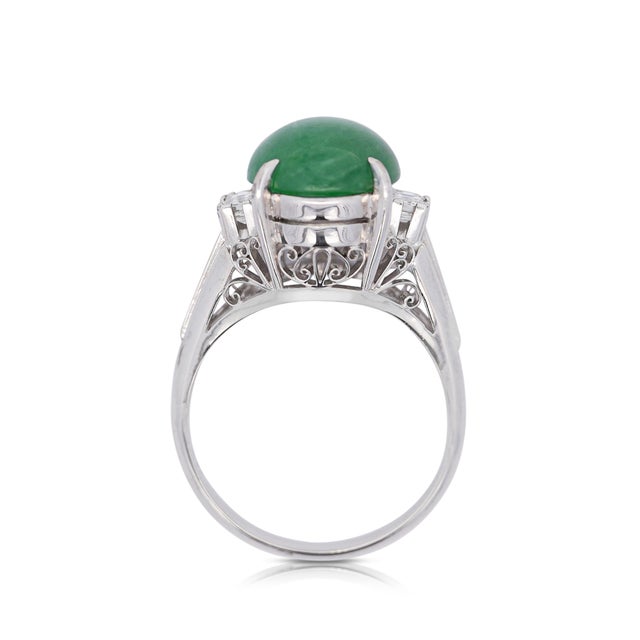 Art Deco 5.87 Carat Grade a Jadeite Jade and Diamond Platinum 3 Stone Ring Size 7.25 For Sale - Image 3 of 7