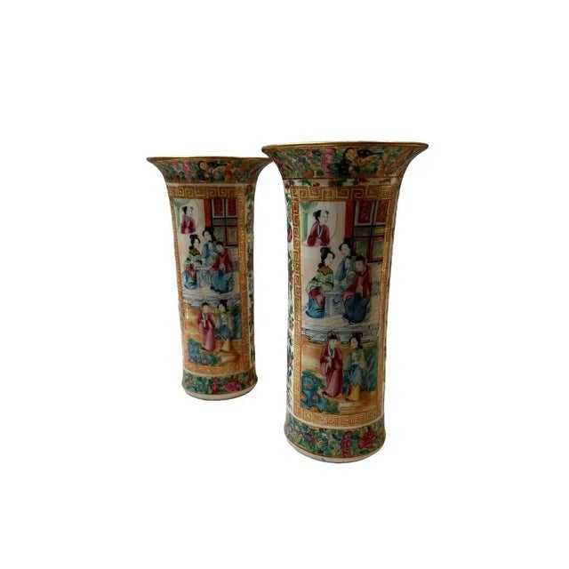 Rose Medallion Trumpet Vases - a Pair For Sale - Image 4 of 8