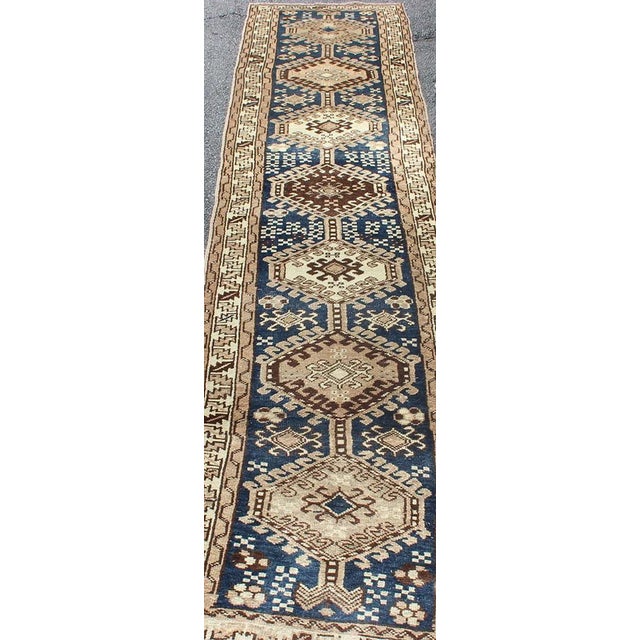 Antique Blue Tribal Karajeh Runner With Navy Blue, Brown and Earth Tones For Sale In Atlanta - Image 6 of 13
