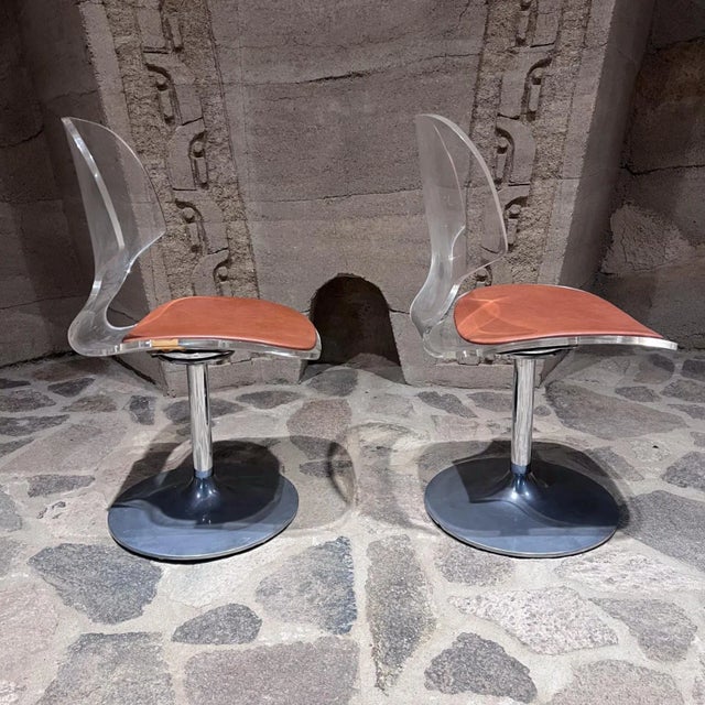 1980s Pair of Lucite and Chrome Swivel Dining Chairs For Sale In San Diego - Image 6 of 12