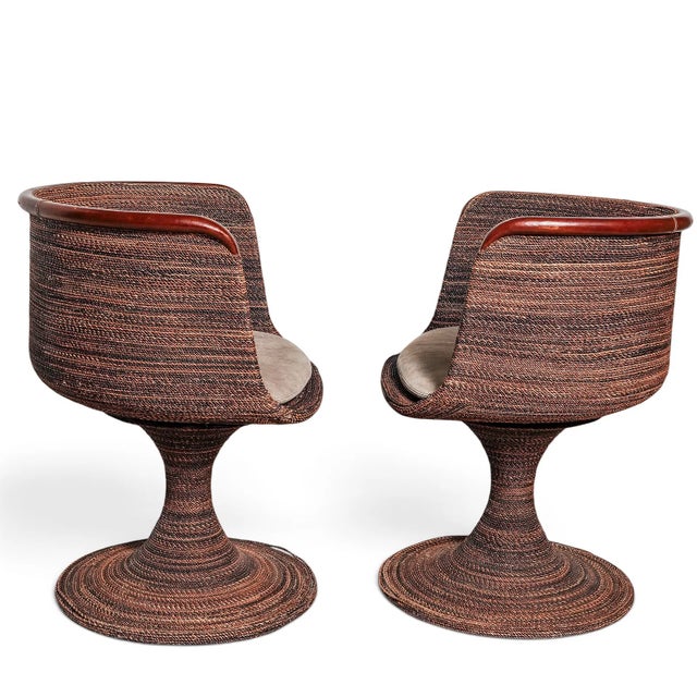 Mid-Century Modern Rare Pair of 1960s Rattan Swivel Armchairs, Wood Top For Sale - Image 3 of 6