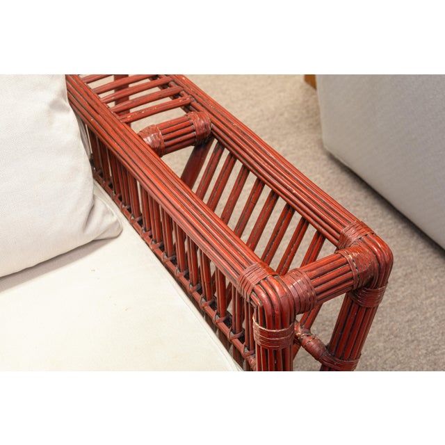 Late 20th Century Pair of Vintage Palecek President's Chairs Red Rattan White Cushion Patio Chairs For Sale - Image 5 of 16