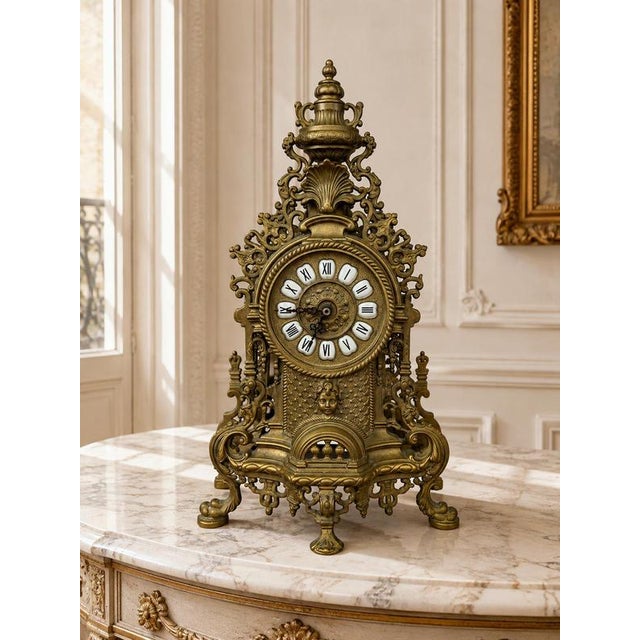 Metal Vintage French Ornate Roman Numeral Quartz Mantel Clock For Sale - Image 7 of 7