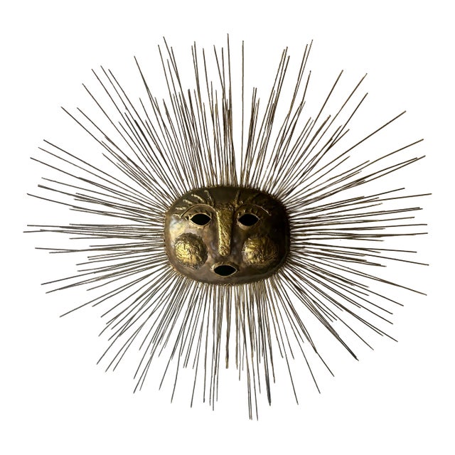 1970s Brutalist Brass Sun Face Wall Sculpture by Emaus, Mexico For Sale