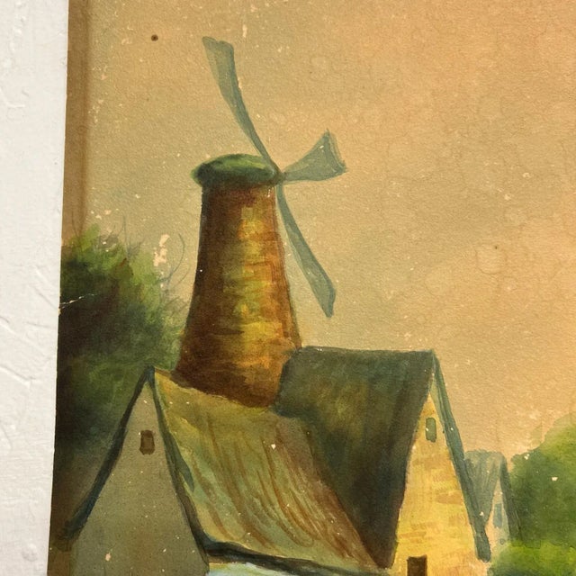 Vintage Art Watercolor Scenic Holland Countryside Windmill Lake & Boat For Sale In San Diego - Image 6 of 12