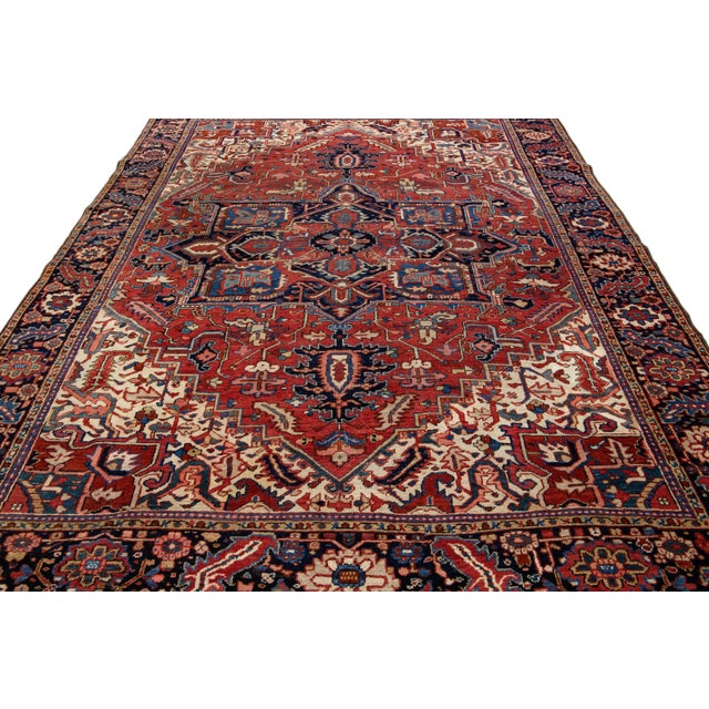 Persian Antique Persian Heriz Handmade Red Wool Rug With Medallion Motif For Sale - Image 3 of 11