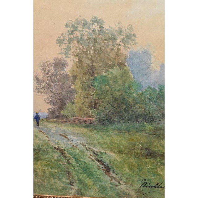 French Country Antique French Signed Watercolor Landscape With Country Path, Gilt Frame, Circa 1900 For Sale - Image 3 of 12