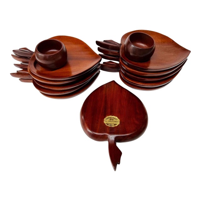 Vintage Caribcraft Mahogany Apple Snack Plates and Cups, Set of 13 For Sale