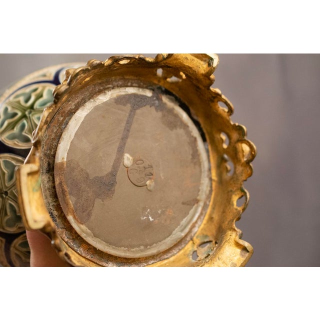 Electrified Kerosene Lamps in Glazed Earthenware with Gilt Bronze Mounts and Geometric Decor from Longwy, Late 19th Century, Set of 2 For Sale - Image 5 of 14